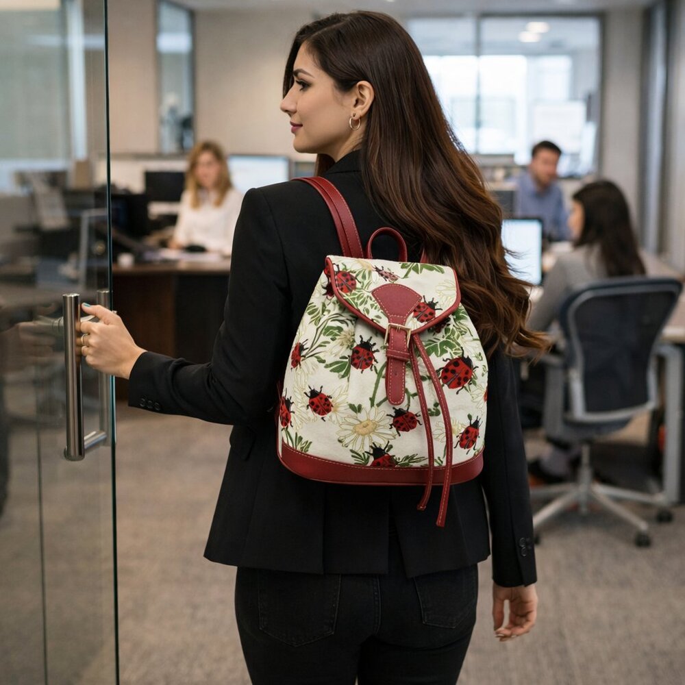 Tapestry Small BackPack - Ladybugs & Flowers - Beige Color –Front Buckle